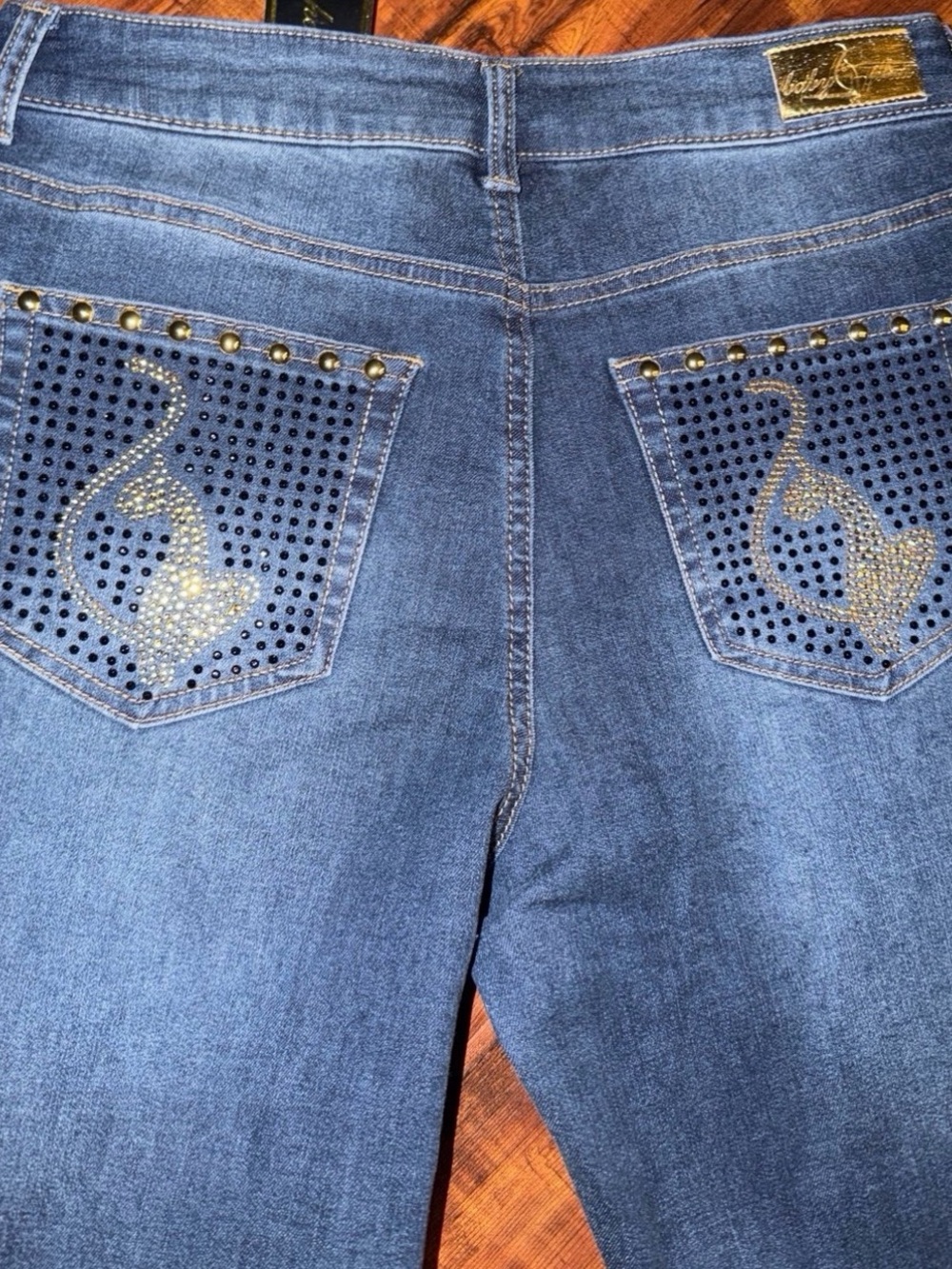 Baby Phat Dark Blue Flare Jeans with Gold Rhinestone Pocket Flame